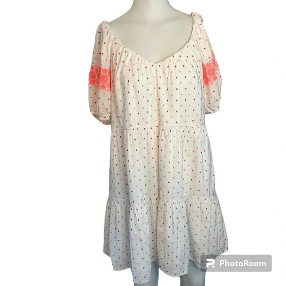 LOFT Dresses & Skirts - Loft Dot Embroidered Pink & White Puff Sleeve Mini Tiered Swing Dress Size Med